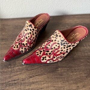 Donald J. Pliner Red and Brown Calf Hair Animal Print Mules with Pointed Toe